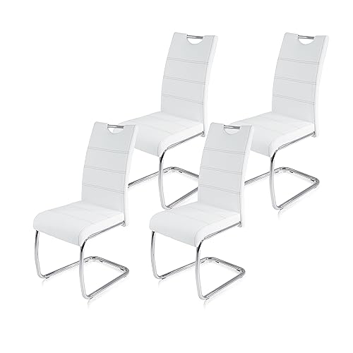 KHG 4er Set Esszimmerstühle Schwingstuhl Polsterstuhl Küchenstuhl Kunstleder Weiß - Design Stuhl Sitzhöhe 48 cm - Freischwinger mit integriertem Griff, für Büro Küche Wohnzimmer KHG 4er Set Esszimmerstühle Schwingstuhl Polsterstuhl Küchenstuhl Kunstleder Weiß - Design Stuhl Sitzhöhe 48 cm - Freischwinger mit integriertem Griff, für Büro Küche Wohnzimmer von KHG
