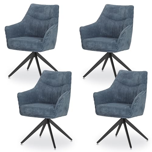 KHG 4er Set Esszimmerstühle mit Armlehnen - Küchenstuhl 360 Grad drehbar, Cordstoff Gepolstert, stabiles Metallgestell bis 120 kg belastbar - Bequemer Polsterstuhl für Esszimmer & Küche - Blau von KHG