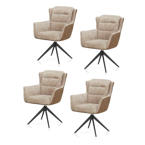 KHG 4er Set Esszimmerstühle mit Armlehnen - Polsterstuhl 360° drehbar mit Rückstellfunktion, Federkern-Polsterung, Webstoffbezug, stabiles Metallgestell bis 120 kg belastbar - Beige von KHG