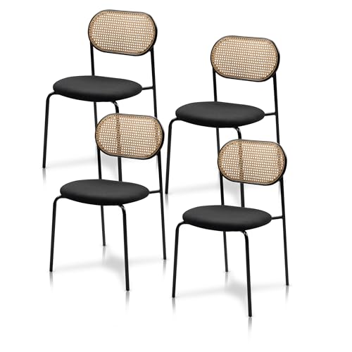 KHG 4er Set Esszimmerstühle mit Wiener Geflecht & Rattanlehne - Ethno Design, Mikrofaser Sitzfläche, schwarz Metallgestell, Polsterstuhl bis 120 kg belastbar - Retro Stühle für Küche & Esszimmer von KHG