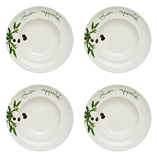 KHG 4er Set Pastateller, extra groß mit 30cm Durchmesser in Buono appetito Print, perfekt für Gastro und Zuhause, hochwertiges Porzellan, Suppenteller, Salatteller, Spühlmaschinengeeignet von KHG