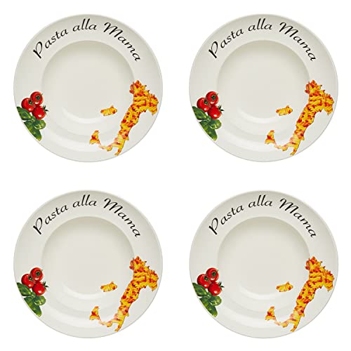 KHG 4er Set Pastateller, extra groß mit 30cm Durchmesser in Pasta alla Mama Print, perfekt für Gastro und Zuhause, hochwertiges Porzellan, Suppenteller, Salatteller, Spühlmaschinengeeignet von KHG