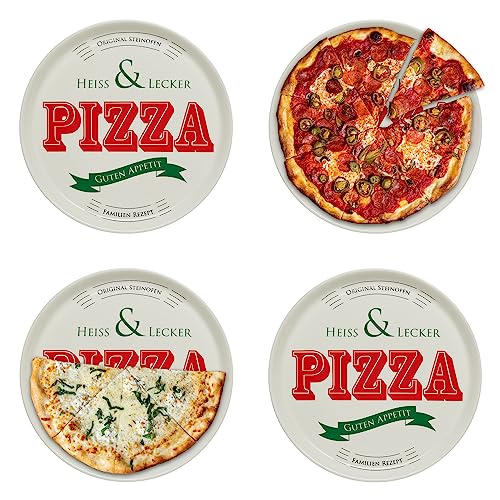 KHG 4er Set Pizzateller, extra groß mit 30cm Durchmesser in Heiss & Lecker Print, perfekt für Gastro und Zuhause, hochwertiges Porzellan, Spühlmaschinengeeignet & perfekt Stapelbar von KHG