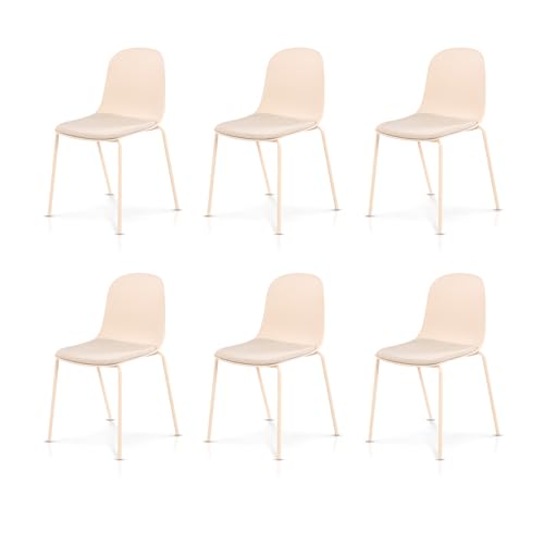 KHG 6er Set Esszimmerstühle Küchenstuhl stapelbar - Kunststoff Sitzschale mit Polsterung & Flachgewebe, Metallgestell Ton in Ton, minimalistisches Design, bis 120 kg belastbar - Creme von KHG