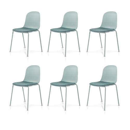 KHG 6er Set Esszimmerstühle Küchenstuhl stapelbar - Kunststoff Sitzschale mit Polsterung & Flachgewebe, Metallgestell Ton in Ton, minimalistisches Design, bis 120 kg belastbar - Creme von KHG