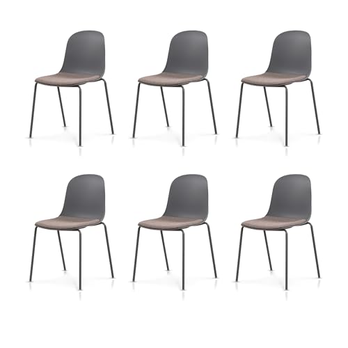 KHG 6er Set Esszimmerstühle Küchenstuhl stapelbar - Kunststoff Sitzschale mit Polsterung & Flachgewebe, Metallgestell Ton in Ton, minimalistisches Design, bis 120 kg belastbar - Dunkelgrau von KHG