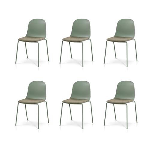 KHG 6er Set Esszimmerstühle Küchenstuhl stapelbar - Kunststoff Sitzschale mit Polsterung & Flachgewebe, Metallgestell Ton in Ton, minimalistisches Design, bis 120 kg belastbar - Grün von KHG