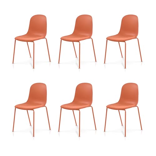KHG 6er Set Esszimmerstühle Küchenstuhl stapelbar - Kunststoff Sitzschale mit Polsterung & Flachgewebe, Metallgestell Ton in Ton, minimalistisches Design, bis 120 kg belastbar - Orange von KHG