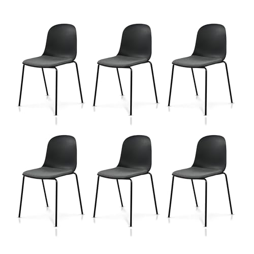 KHG 6er Set Esszimmerstühle Küchenstuhl stapelbar - Kunststoff Sitzschale mit Polsterung & Flachgewebe, Metallgestell Ton in Ton, minimalistisches Design, bis 120 kg belastbar - Schwarz von KHG