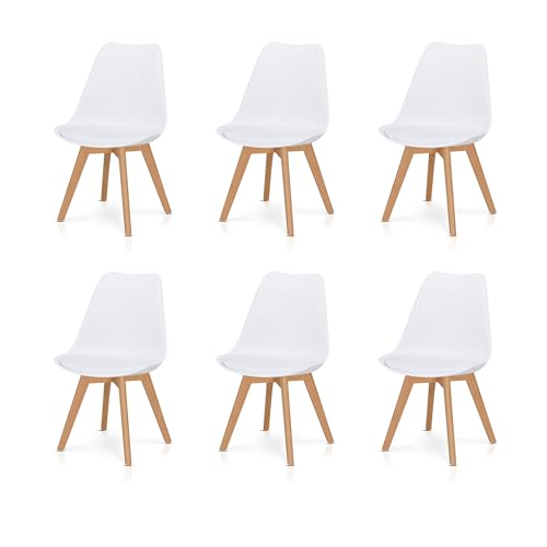 KHG 6er Set Esszimmerstühle Polsterstuhl Küchenstuhl Weiß Scandi Stil - Stuhlbeine aus Massivholz Buche - Kunststoff-Sitzschale mit Sitzpolster aus Kunstleder - Design Stuhl Sitzhöhe 46 cm KHG 6er Set Esszimmerstühle Polsterstuhl Küchenstuhl Weiß Scandi Stil - Stuhlbeine aus Massivholz Buche - Kunststoff-Sitzschale mit Sitzpolster aus Kunstleder - Design Stuhl Sitzhöhe 46 cm von KHG