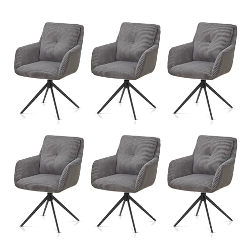 KHG 6er Set Esszimmerstühle Polsterstuhl drehbar 360° mit Rückstellfunktion - Cord Bezug, Metallgestell bis 120 kg belastbar, Industrial Design, bequemer Küchenstuhl mit Armlehnen - Grau von KHG