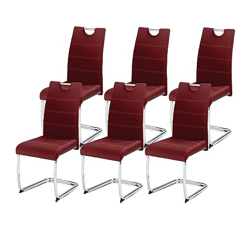 KHG 6er Set Esszimmerstühle Schwingstuhl Polsterstuhl Küchenstuhl Kunstleder Rot - Design Stuhl Sitzhöhe 48 cm - Freischwinger mit integriertem Griff, für Büro Küche Wohnzimmer von KHG