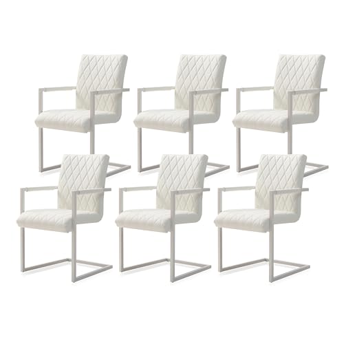 KHG 6er Set Esszimmerstühle mit Armlehnen Bezug aus Kunstleder weiß | Freischwinger in Leder Optik bis 110 kg - Küchenstuhl, Schwingstuhl, Polsterstuhl mit Wellenfederung von KHG
