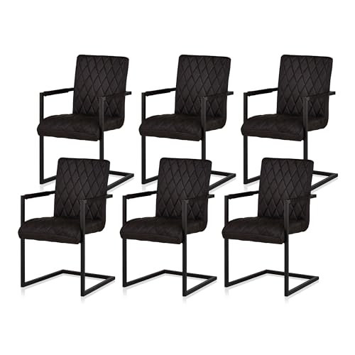 KHG 6er Set Esszimmerstühle mit Armlehnen Bezug aus Mikrofaser Wildleder-Optik schwarz, Freischwinger bis 110 kg, Küchenstuhl, Schwingstuhl, Polsterstuhl mit Wellenfederung von KHG