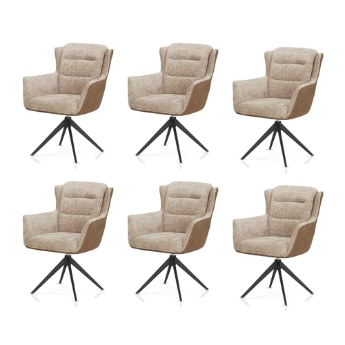 KHG 6er Set Esszimmerstühle mit Armlehnen - Polsterstuhl 360° drehbar mit Rückstellfunktion, Federkern-Polsterung, Webstoffbezug, stabiles Metallgestell bis 120 kg belastbar - Beige von KHG
