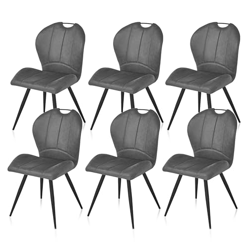 KHG 6er Set Esszimmerstühle Küchenstuhl Dunkelgrau, Mikrofaser in Wildlederoptik, Polsterstuhl mit Griff, Wohnzimmerstuhl, Design Stuhl Gestell aus Metall von KHG