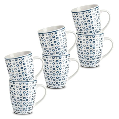 KHG 6er Set Kaffeebecher 300ml Volumen aus hochwertigem Steinzeug, Kaffeetasse mit Blumenprint, Kaffeebecher mit Henkel, spülmaschinengeeignet, mikrowellengeeignet von KHG