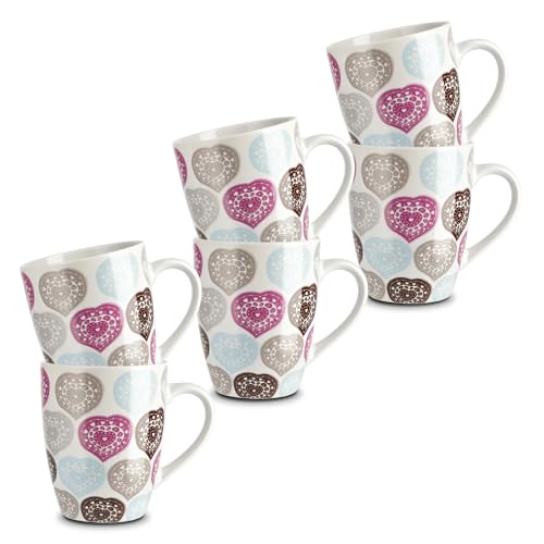 KHG 6er Set Kaffeebecher 300ml Volumen aus hochwertigem Steinzeug, Kaffeetasse mit Herzprint, Kaffeebecher mit Henkel, spülmaschinengeeignet, mikrowellengeeignet von KHG