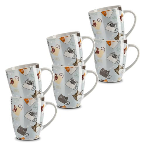 KHG 6er Set Kaffeebecher 300ml Volumen aus hochwertigem Steinzeug, Kaffeetasse mit Katzenprint, Kaffeebecher mit Henkel, spülmaschinengeeignet, mikrowellengeeignet von KHG