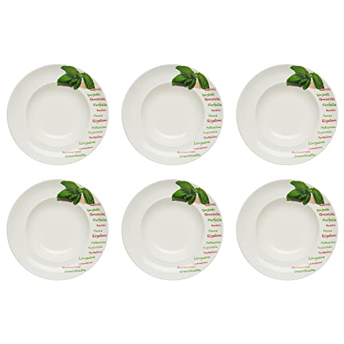 KHG 6er Set Pastateller, extra groß mit 30cm Durchmesser in Basilikum Print, perfekt für Gastro und Zuhause, hochwertiges Porzellan, Suppenteller, Salatteller, Spühlmaschinengeeignet von KHG