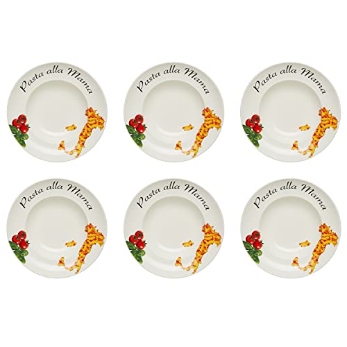 KHG 6er Set Pastateller, extra groß mit 30cm Durchmesser in Pasta alla Mama Print, perfekt für Gastro und Zuhause, hochwertiges Porzellan, Suppenteller, Salatteller, Spühlmaschinengeeignet von KHG