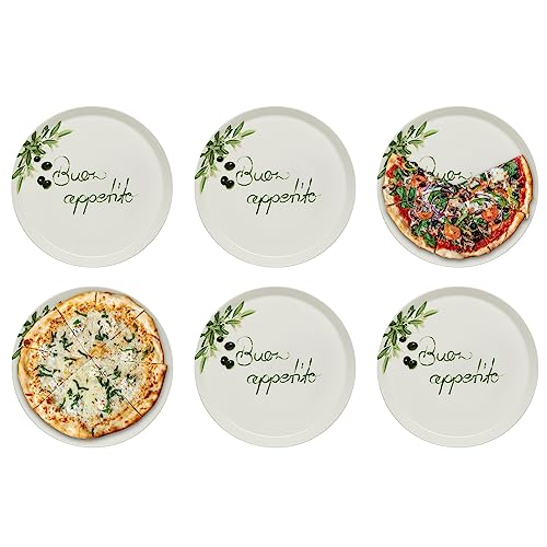 KHG 6er set Pizzateller, extra groß mit 30cm Durchmesser in Buono appetito Print, perfekt für Gastro und Zuhause, hochwertiges Porzellan, Spühlmaschinengeeignet & perfekt Stapelbar von KHG