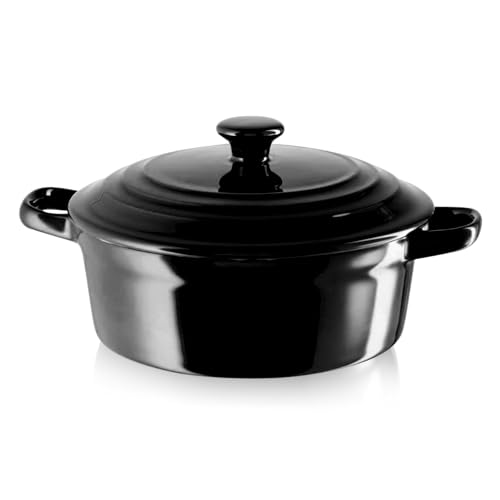 KHG Auflaufform mit Deckel, Schwarz 0,5 Liter klein, Keramik Steingut rund, Servierform mit Griffen, ofenfest 200°C & mikrowellenfest, Schmortopf, Mini-Bräter, Mini-Cocotte von KHG