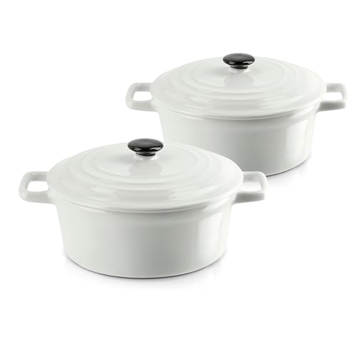 KHG Auflaufform mit Deckel 2er Set, Weiß 0,5 Liter klein, Keramik Steingut rund, Servierform mit Griffen, ofenfest 200°C & mikrowellenfest, Mini-Schmortopf, Mini-Bräter, Mini-Cocotte KHG Auflaufform mit Deckel 2er Set, Weiß 0,5 Liter klein, Keramik Steingut rund, Servierform mit Griffen, ofenfest 200°C & mikrowellenfest, Mini-Schmortopf, Mini-Bräter, Mini-Cocotte von KHG