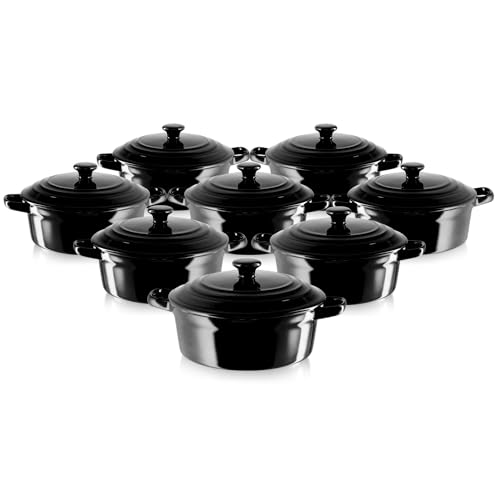 KHG Auflaufform mit Deckel 8er Set, Schwarz 0,5 Liter klein, Keramik Steingut rund, Servierform mit Griffen, ofenfest 200°C & mikrowellenfest, Mini-Schmortopf, Mini-Bräter, Mini-Cocotte von KHG