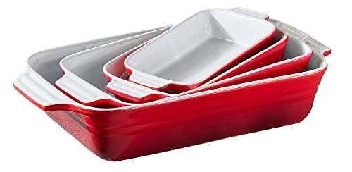KHG Auflaufform stapelbar 4er Set Rot verschiedene Größen 40, 34, 26, 22 cm | Ofenform aus Keramik Steingut für Lasagne Tiramisu & mehr | Backform rechteckig, kratzfest & robust von KHG