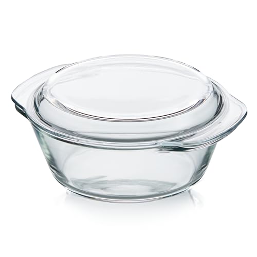 KHG Auflaufformen aus Glas mit Deckel 1,5 Liter Rund für kalte & warme Speisen, spülmaschinenfest, mikrowellengeeignet, Glasbräter Glasform Backform, 23x10x21 cm von KHG
