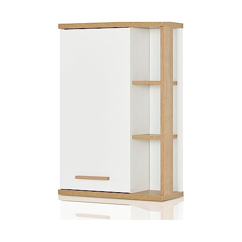 KHG Bad Wandschrank Weiß Holz Skandi Look, Badezimmer Hängeschrank minimalistisch, Holz-Optik Eiche, Soft Close, Breite 50 cm, Tiefe 20 cm, 1 Tür, 6 Fächer, Steg-Griff von KHG