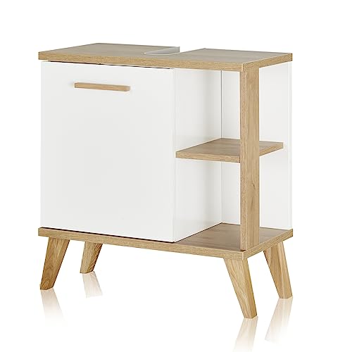 KHG Bad Waschbeckenunterschrank Weiß Holz Skandi Look, minimalistisch, Holz-Optik Eiche, Soft Close, Breite 60 cm, Tiefe 33 cm, 1 Türen, 3 Fächer, Ausschnitt Abflussrohr von KHG