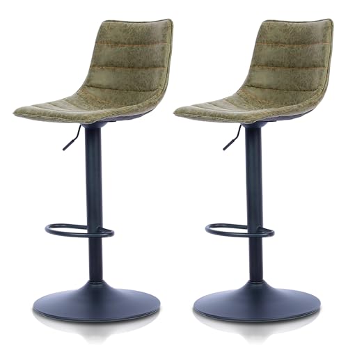 KHG Barhocker 2er Set 360° drehbar höhenverstellbar (61-82cm) Kunstleder Grün gesteppt Industrial Look | Drehstuhl Barstuhl mit Rückenlehne Fußstütze 110kg belastbar von KHG
