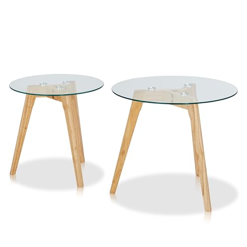 KHG Beistelltisch 2er Set Rund, Tischplatte aus Glas, 3-Fuß-Gestell aus Massivholz braun, einzeln ideal als Beistelltisch, 5kg belastbar, 50x43x43 cm von KHG