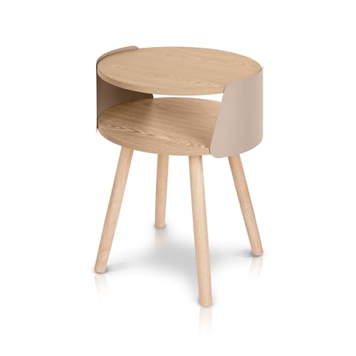 KHG Beistelltisch Rund mit Ablagefach Eiche-Optik, 4-Fuß-Gestell, Seiten aus Metall Grau, Sofatisch Nachttisch fürs Wohnzimmer oder Schlafzimmer, 5 kg belastbar, 55x40x40cm von KHG
