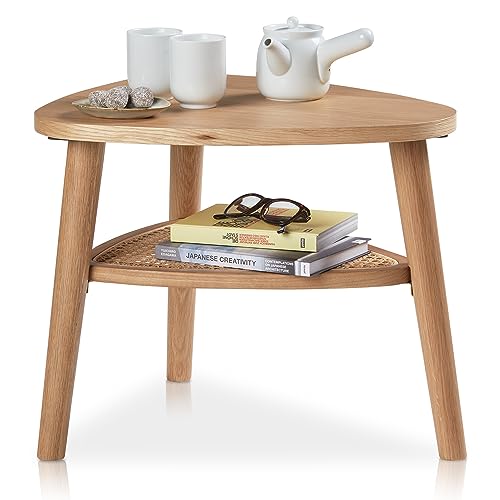 KHG Beistelltisch dreieckig Holz Eiche Natur, Skandinavisch Boho, Sofatisch Ablagen Rattan Wienergeflecht, Dreibein-Tisch Echtholz funiert, Nachttisch, Kaffeetisch von KHG