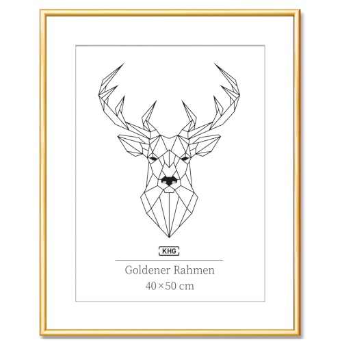 KHG Bilderrahmen aus Kunststoff mit stabilem Glas und Passepartout, zum Aufhängen oder Hinstellen, Ideal für Portraits, Urkunden, Poster - Gold, 40x50 cm von KHG