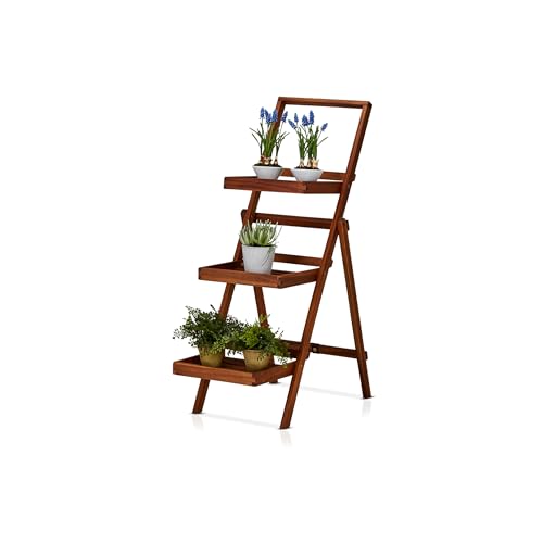 KHG Blumenregal Akazie-Echtholz geölt, Regal mit 3 Stellflächen platzsparend klappbar, wetterfest braun 3 Böden viel Platz Outdoor von KHG