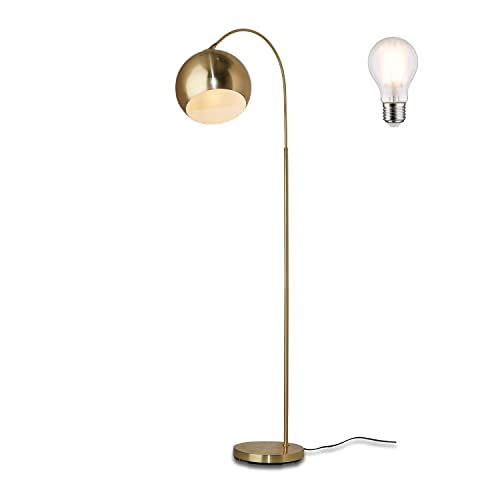 KHG Bogenleuchte in Gold-Optik Finish aus Metall mit schwenkbarem Lampenschirm, E27 Fassung inklusive Leuchtmittel, Bogenlampe mit praktischem Fußschalter und stabilem Standfuß von KHG