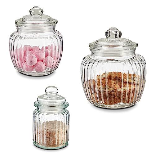 KHG Bonbongläser 3er Set, in verschiedenen Größen, mit Deckel, Candy Bar Gläser luftdicht, Vorratsgläser Süßigkeiten, Bonbons & Cookies, Küchengläser geriffelt mit Knopfgriff KHG Bonbongläser 3er Set, in verschiedenen Größen, mit Deckel, Candy Bar Gläser luftdicht, Vorratsgläser Süßigkeiten, Bonbons & Cookies, Küchengläser geriffelt mit Knopfgriff von KHG