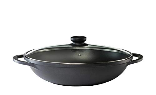 KHG Bratpfanne Wok 36 cm Induktion, Antihaft | 5,5 Liter Volumen, aus Aluminium Schwarz | XXL Kochgeschirr Pfanne mit Glasdeckel | spülmaschinengeeignet, backofengeeignet von KHG