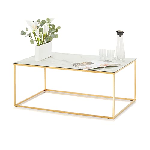 KHG Couchtisch Marmor Optik Weiß Gold 110 x 70 x 45 cm, Wohnzimmertisch eckig Marmortisch rechteckig, 4 Füße Tischplattenstärke 0,5 cm, Belastbar 20 kg, mit Glas beschichtet, Couchtisch von KHG