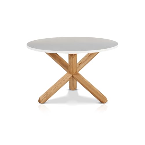 KHG Esstisch Rund 120 cm Durchmesser Weiß - Massives Eichen-Gestell, Tischplatte aus Holzwerkstoff matt Weiß lackiert, bis 90 kg belastbar - Küchentisch im Skandi Look KHG Esstisch Rund 120 cm Durchmesser Weiß - Massives Eichen-Gestell, Tischplatte aus Holzwerkstoff matt Weiß lackiert, bis 90 kg belastbar - Küchentisch im Skandi Look von KHG