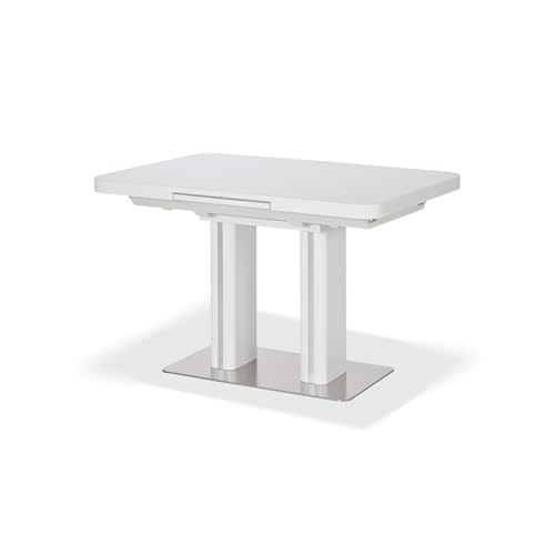 KHG Esstisch ausziehbar mit Glasplatte Weiß, integrierter Mittelauszug 120-160 cm, Küchentisch bis 100 kg belastbar, gerade Tischkante mit abgerundeten Ecken, Edelstahl-Bodenplatte von KHG