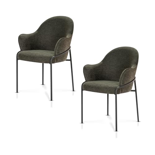 KHG Esszimmerstühle 2er Set, Polsterstuhl Grün mit Armlehnen, Chenille mit Velours, Ton in Ton Stuhlbeine aus Metall, Küchenstuhl, Essstuhl für Esszimmer Küche Büro von KHG