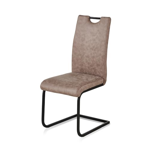 KHG Esszimmerstühle 2er Set, Schwingstuhl Kunstleder Hellbraun, Freischwinger Metall pulverbeschichtet, Küchenstuhl, Essstuhl, Polsterstuhl, für Esszimmer Küche Büro von KHG