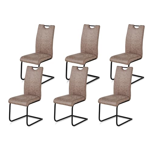KHG Esszimmerstühle 2er Set, Schwingstuhl Kunstleder Hellbraun, Freischwinger Metall pulverbeschichtet, Küchenstuhl, Essstuhl, Polsterstuhl, für Esszimmer Küche Büro von KHG