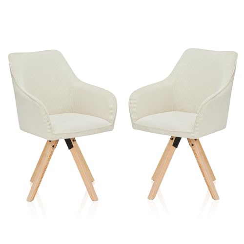 KHG Esszimmerstühle drehbar 2er Set, Drehstuhl mit Armlehnen Cord Beige, Stuhlbeine Holz Esche, Küchenstuhl, Polsterstuhl, Essstuhl, Armlehnstuhl, für Esszimmer Küche Büro von KHG
