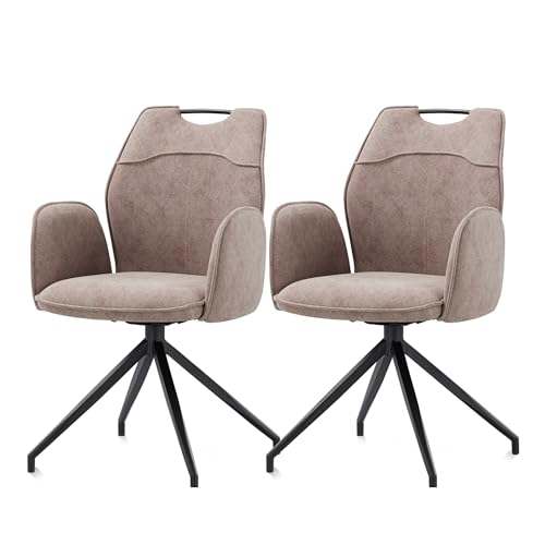 KHG Esszimmerstühle drehbar 2er Set Braun mit Armlehnen, Flachgewebe meliert, moderner Küchenstuhl 180 Grad drehbar, Auto-Return-Funktion, Polsterstuhl Metallgestell Schwarz von KHG